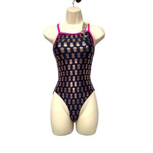 Finals Women's Aloha Foil Funnies Flutter Back Swimsuit(7896Y), Navy/Gold, Sz 26